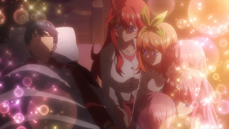 Uesugi is overwhelmed by the attention from 5 different pink-haired anime girls.